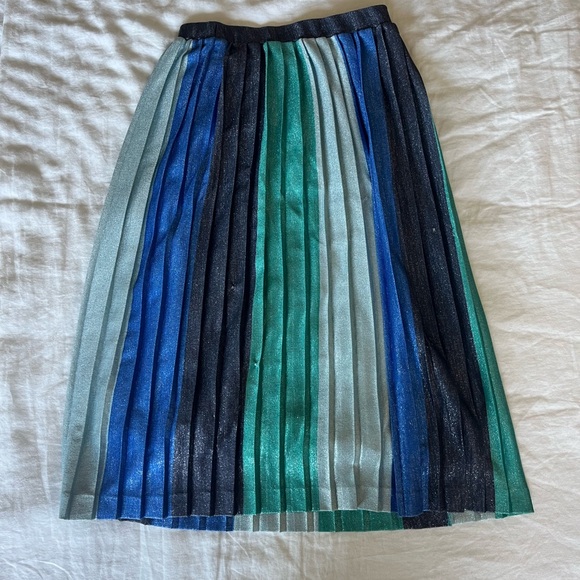 Anthropologie Maeve sunburst pleated midi skirt blue green shimmer stripe small - Picture 3 of 6